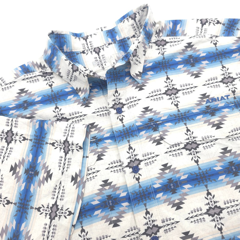Ariat VentTEK Outbound Men Blue Aztec AOP Short Sleeve Shirt Button Lightweight